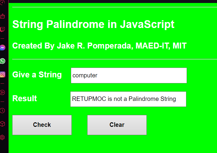 String Palindrome in JavaScript Free Computer Programming Source